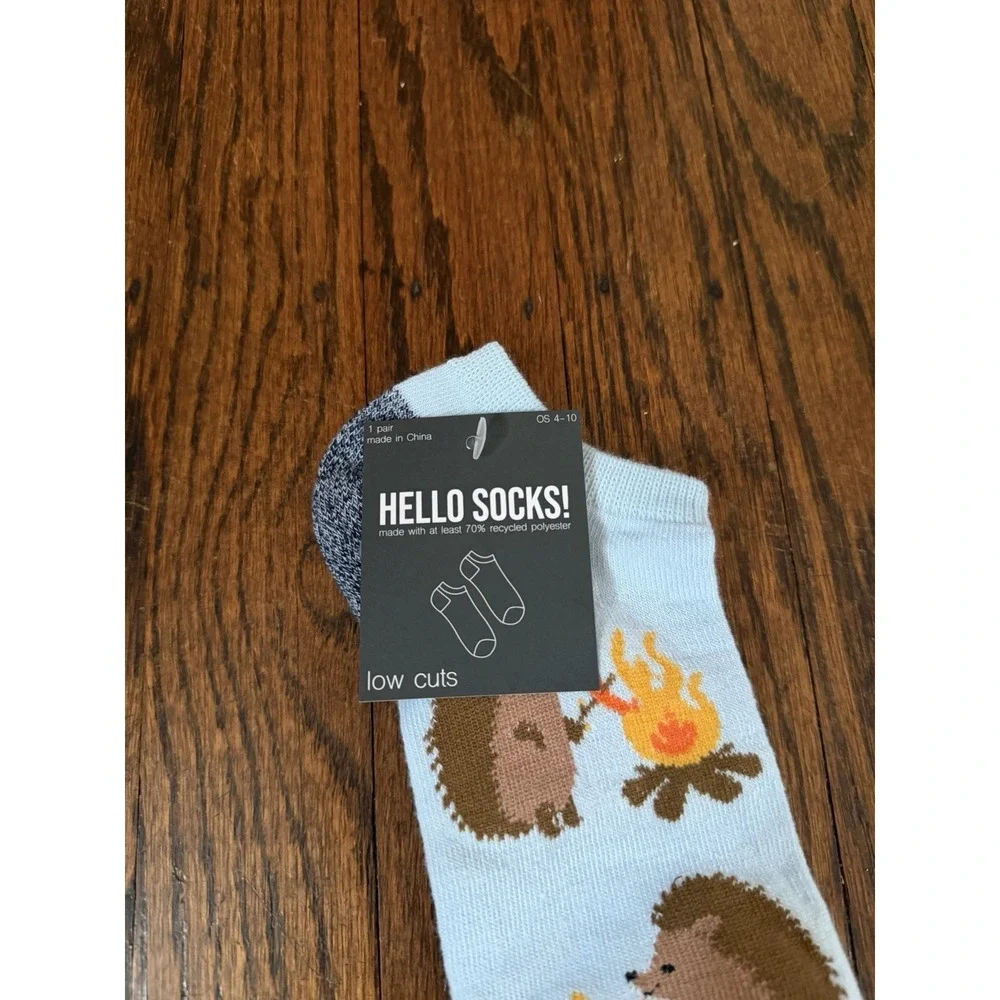 Women's Hello Socks! Light Blue Camping Hedgehogs Low Cut Socks Size 4-10 NWT